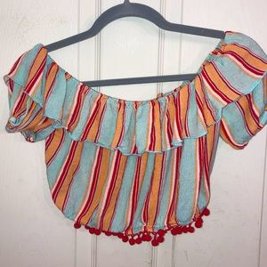 Colorful striped summer crop off shoulder boho top with Pom Pom bottom trim